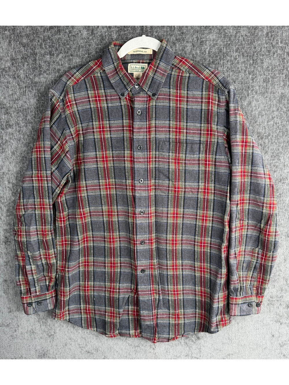 LL Bean Mens Medium Regular Flannel Shirt Traditional Fit Grey Red Plaid 228061